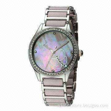 Alloy strap with plastic pieces, stainless pearl dial with crystal, Japan quartz movement